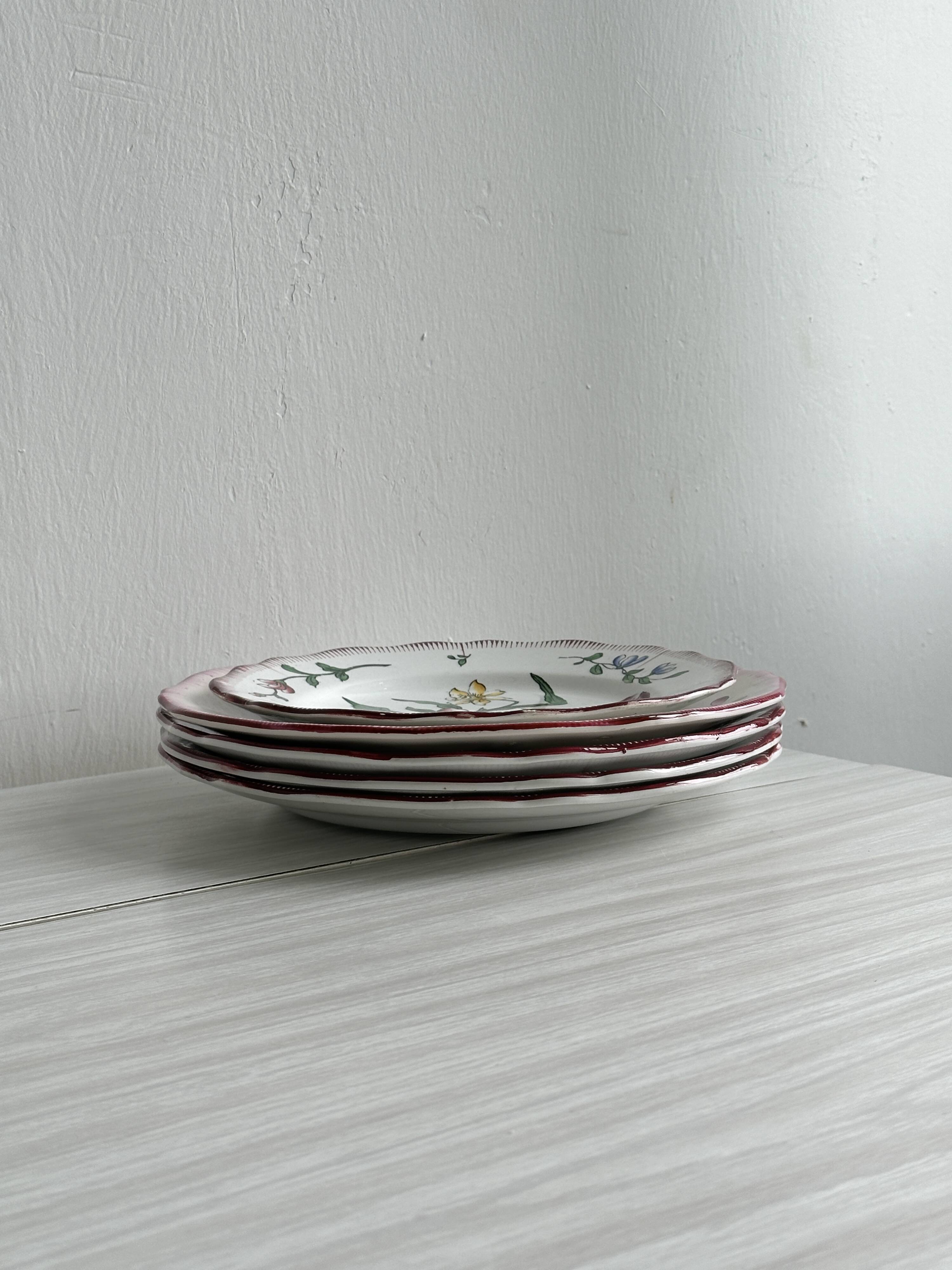 5 plates with colorful Sarreguemines floral designs.