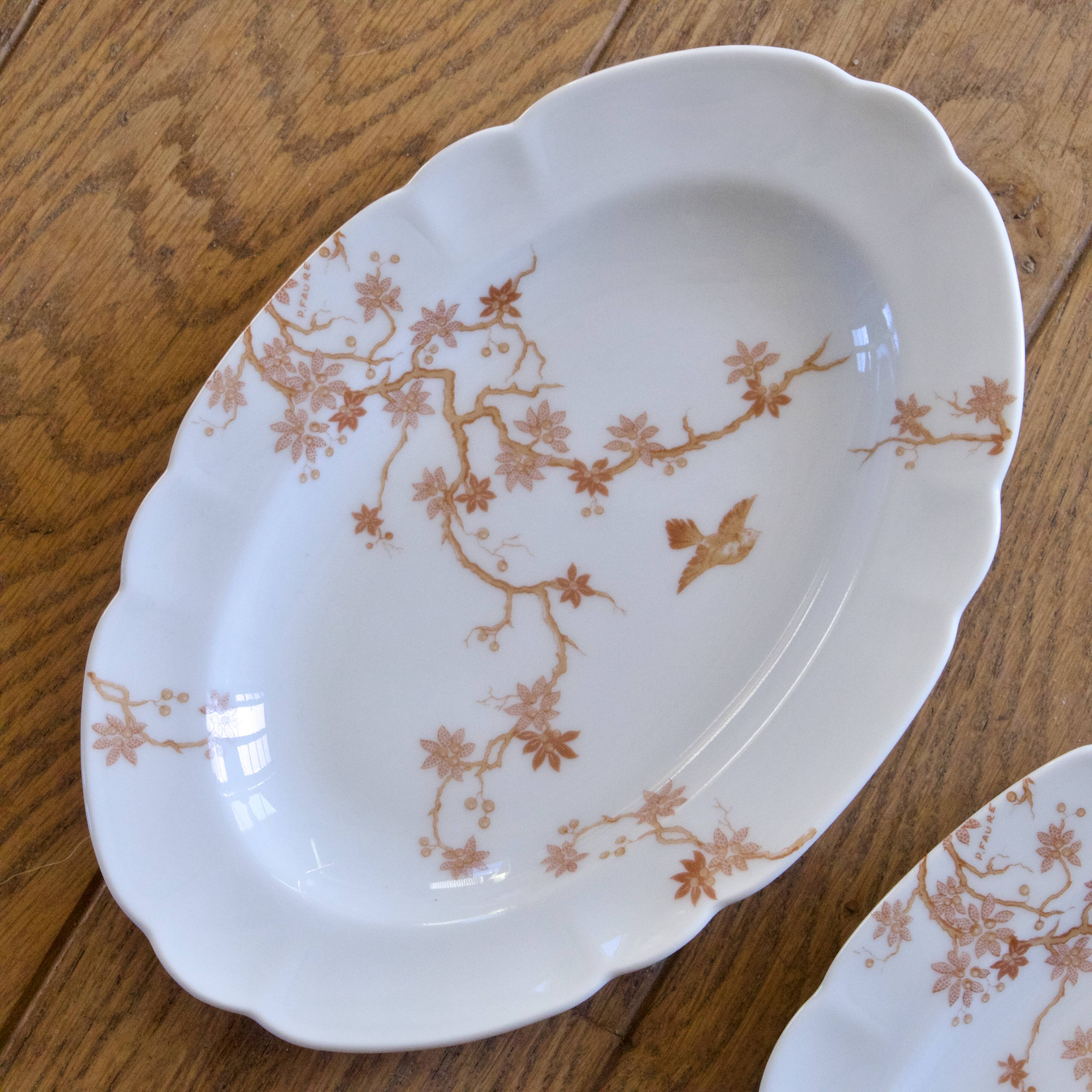 Pair of antique Limoges Haviland porcelain relish dishes with bird decoration