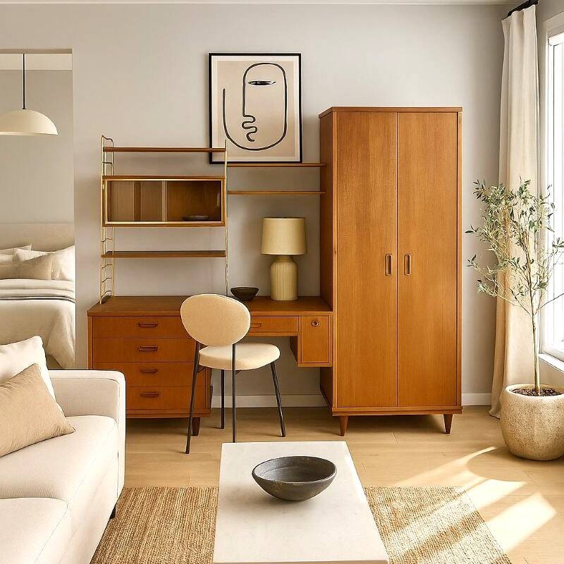 A piece of furniture combining a desk, wardrobe, and shelves.