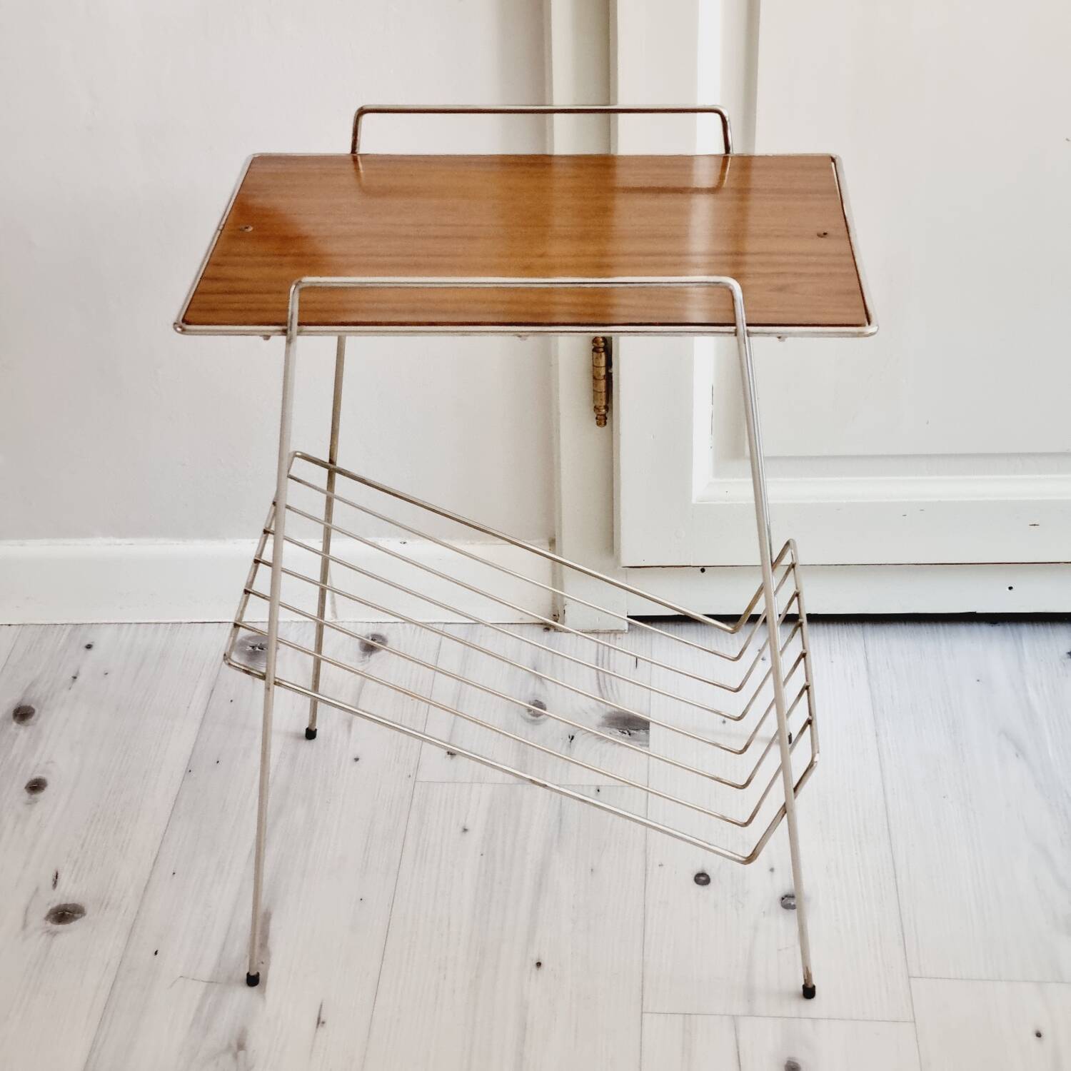 Metal and Formica magazine rack side table
