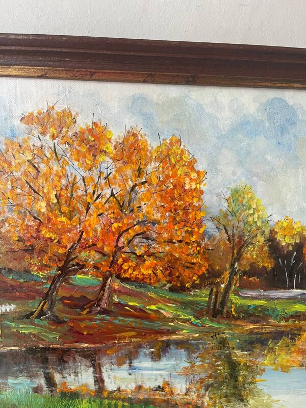 Automne au lac, huile sur toile signé Lucien Bertrand