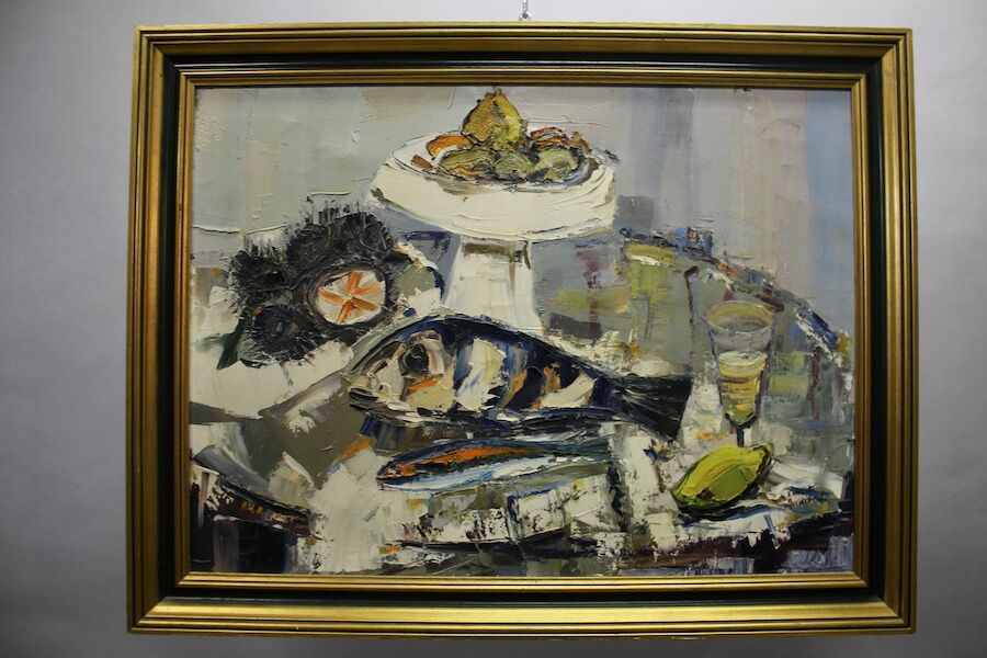 Oil on canvas ernest audibert, still life with fish