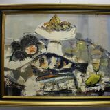 Oil on canvas ernest audibert, still life with fish