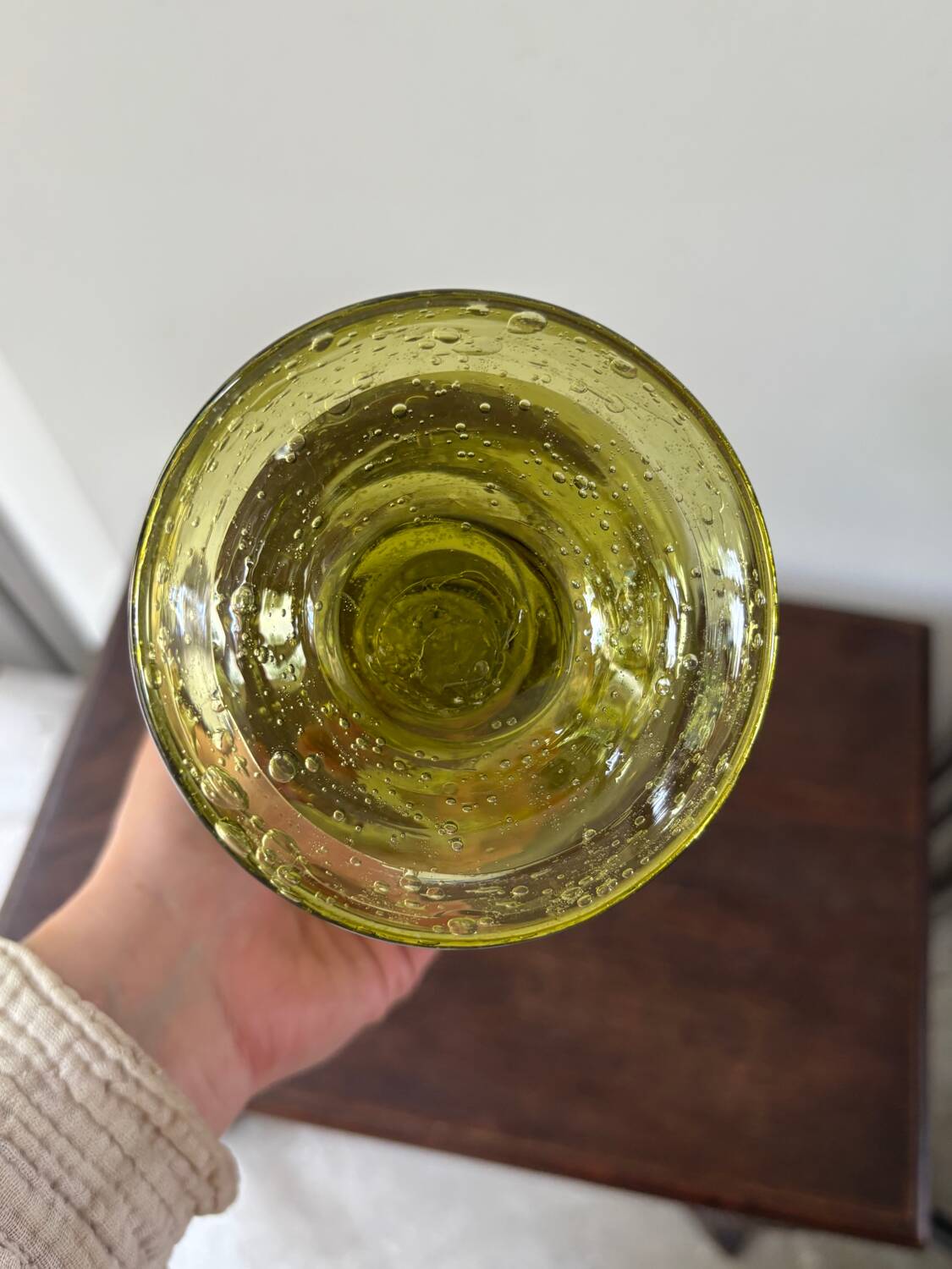 candle holder in biot green bubble glass from the 60s