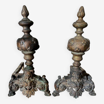 Pair of Napoleon III bronze andirons 19th century macaroons and fleur-de-lys