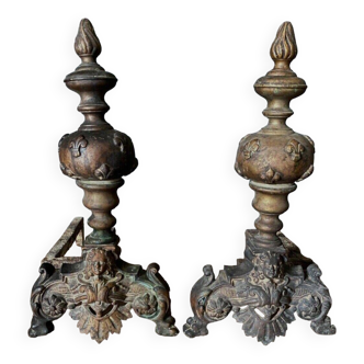 Pair of Napoleon III bronze andirons 19th century macaroons and fleur-de-lys