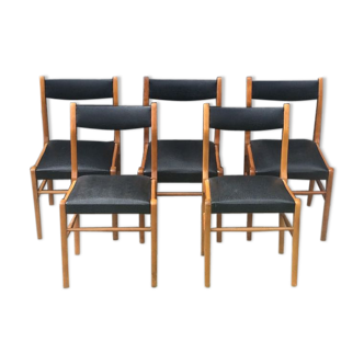 Set of 5 Scandinavian chairs from the 1960s in black leatherette
