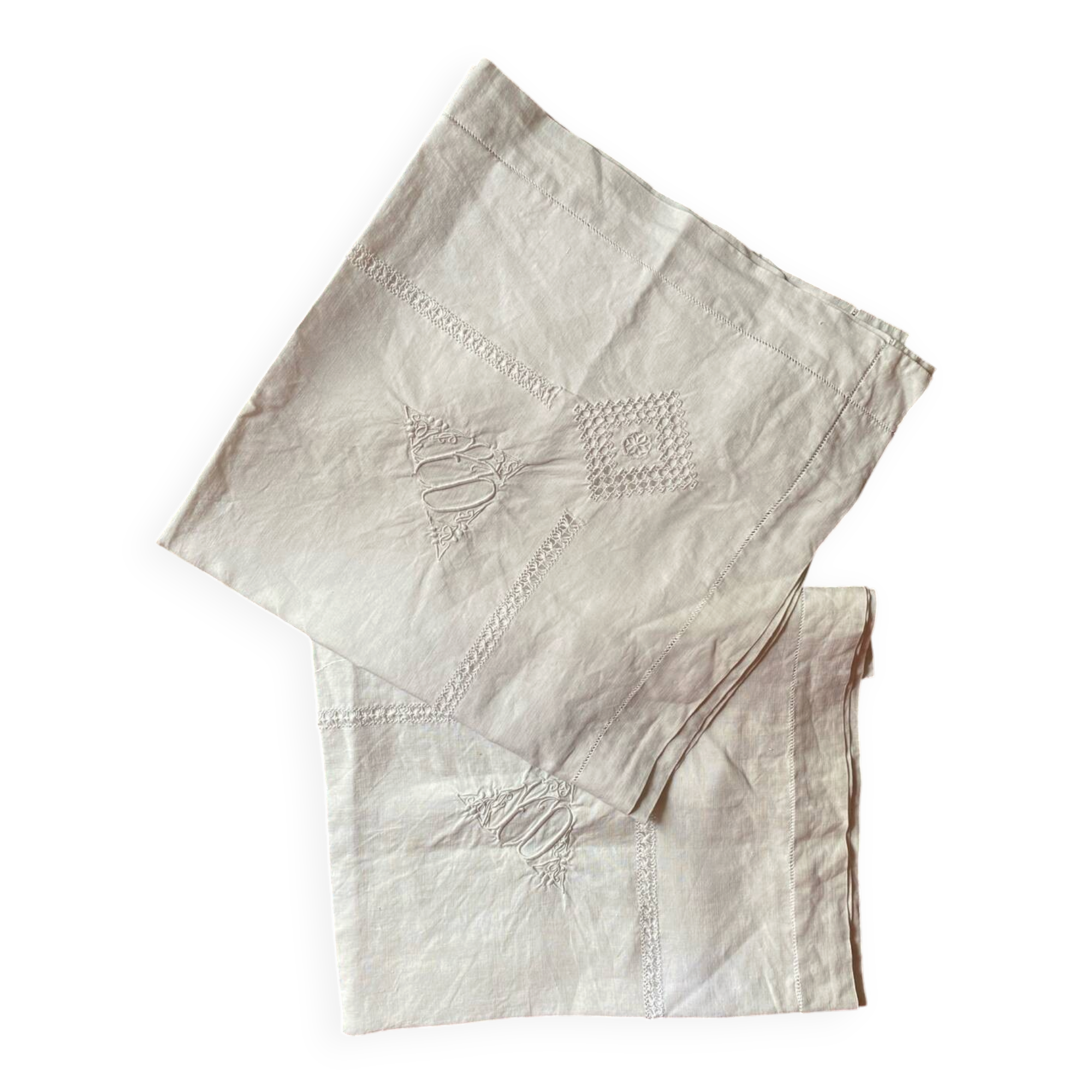 Pair of old cotton embroidered pillowcases with monograms.