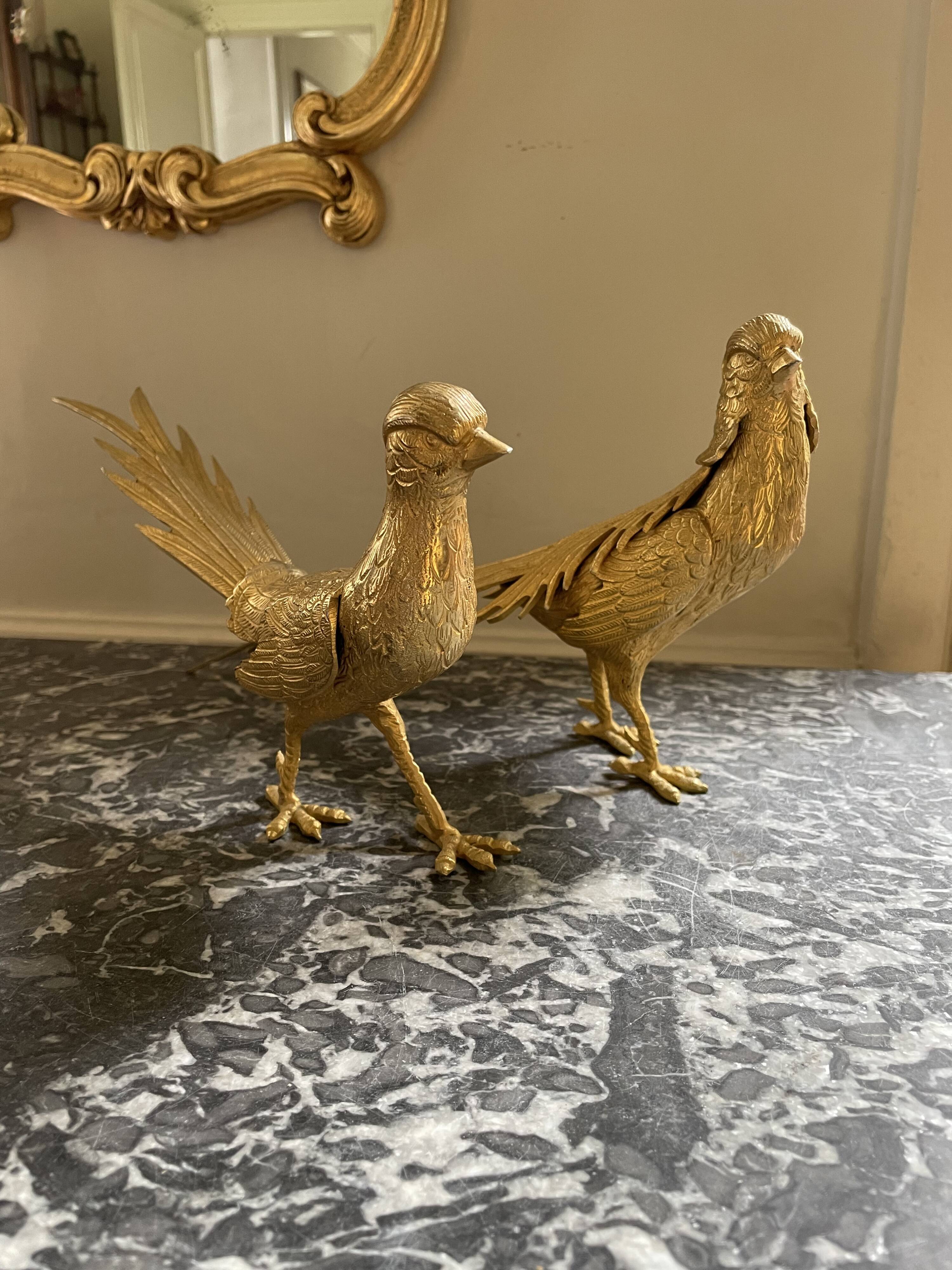 Couple de faisans en bronze doré début XXème