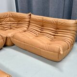 Ensemble de salon Togo en cuir marron camel français, attribué à Michel Ducaroy pour Ligne Roset, ensemble de 4 pièces
