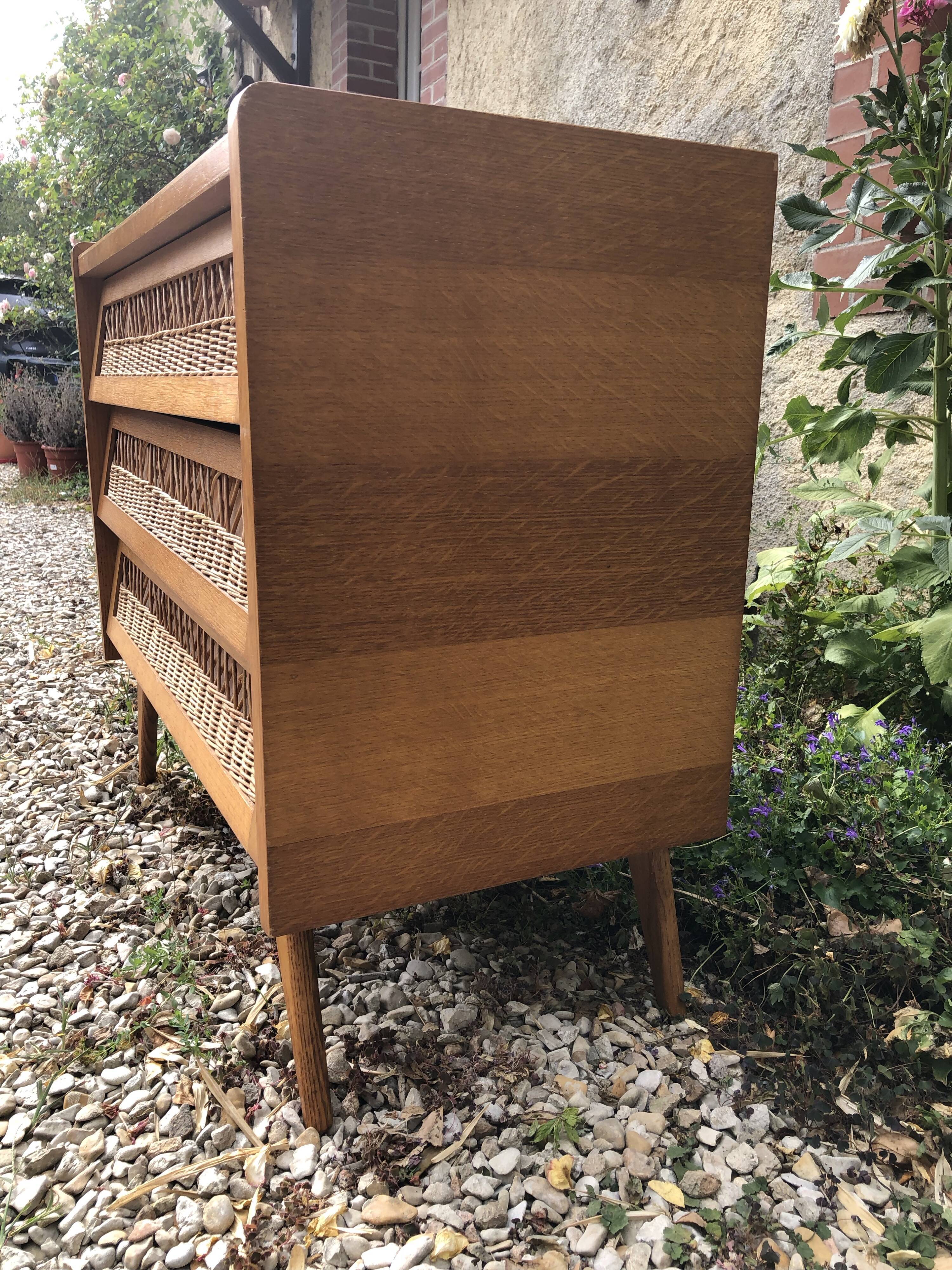 Wooden and rattan chest of drawers