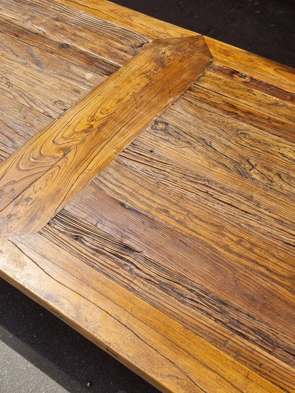 Table basse rustique brutaliste en bois massif ancien 195 x 90 cm