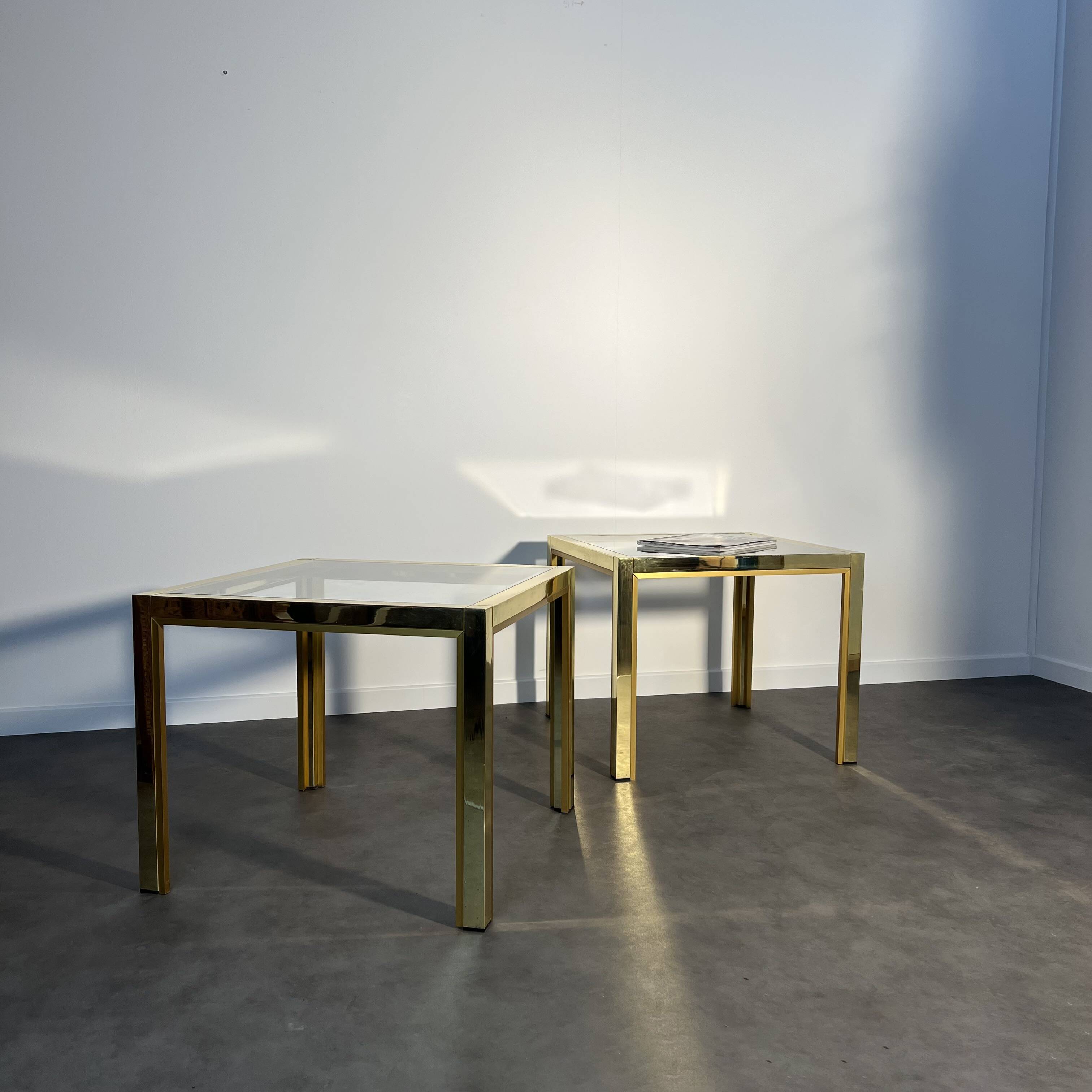 Pair of coffee tables, side table, glass and brass 60x60cm Italy 1960