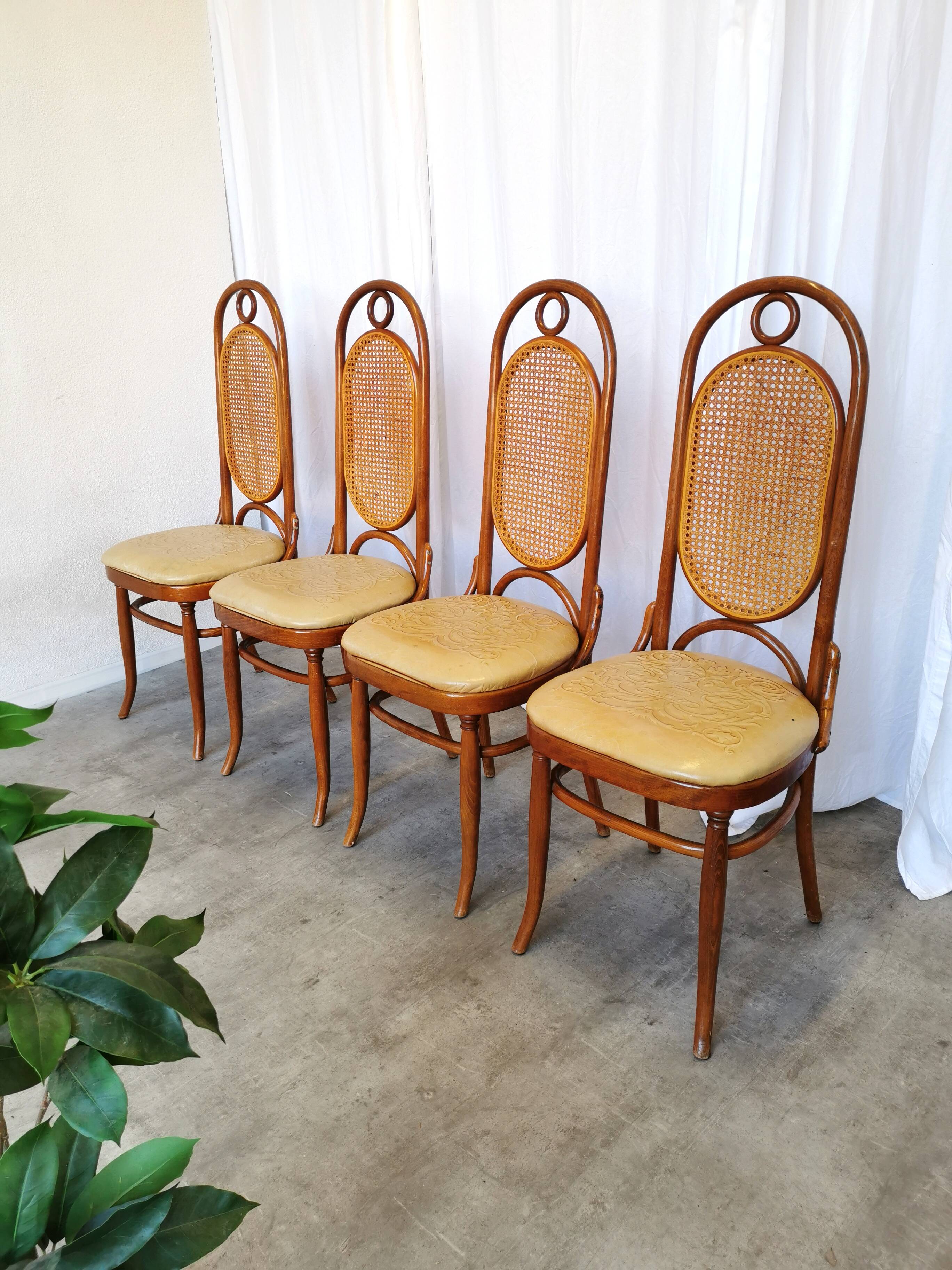 Set of 4 Vintage Bentwood Dining Chairs: Cane Back, Leather Seat, Thonet St