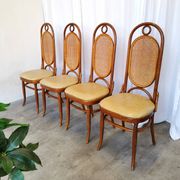 Set of 4 Vintage Bentwood Dining Chairs: Cane Back, Leather Seat, Thonet St