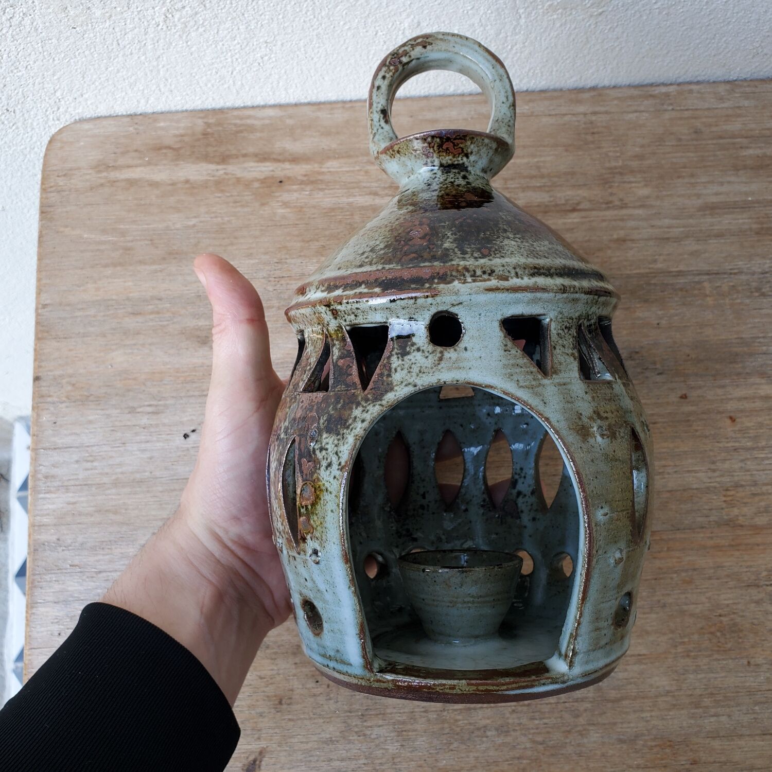 Signed sandstone lantern candle holder