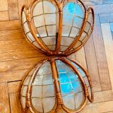 Pair of mother-of-pearl rattan wall lights