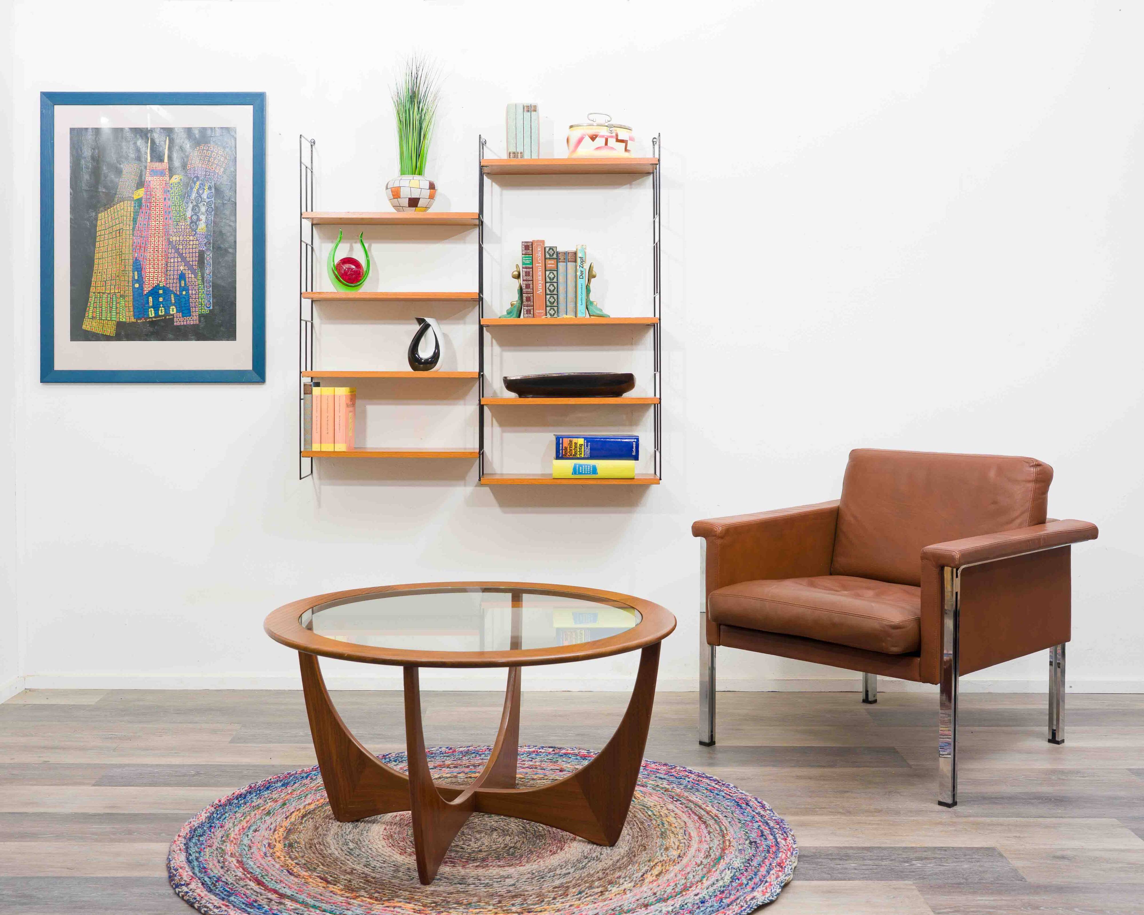 1960s teak wall shelf, manufacturer WHB, eight shelves