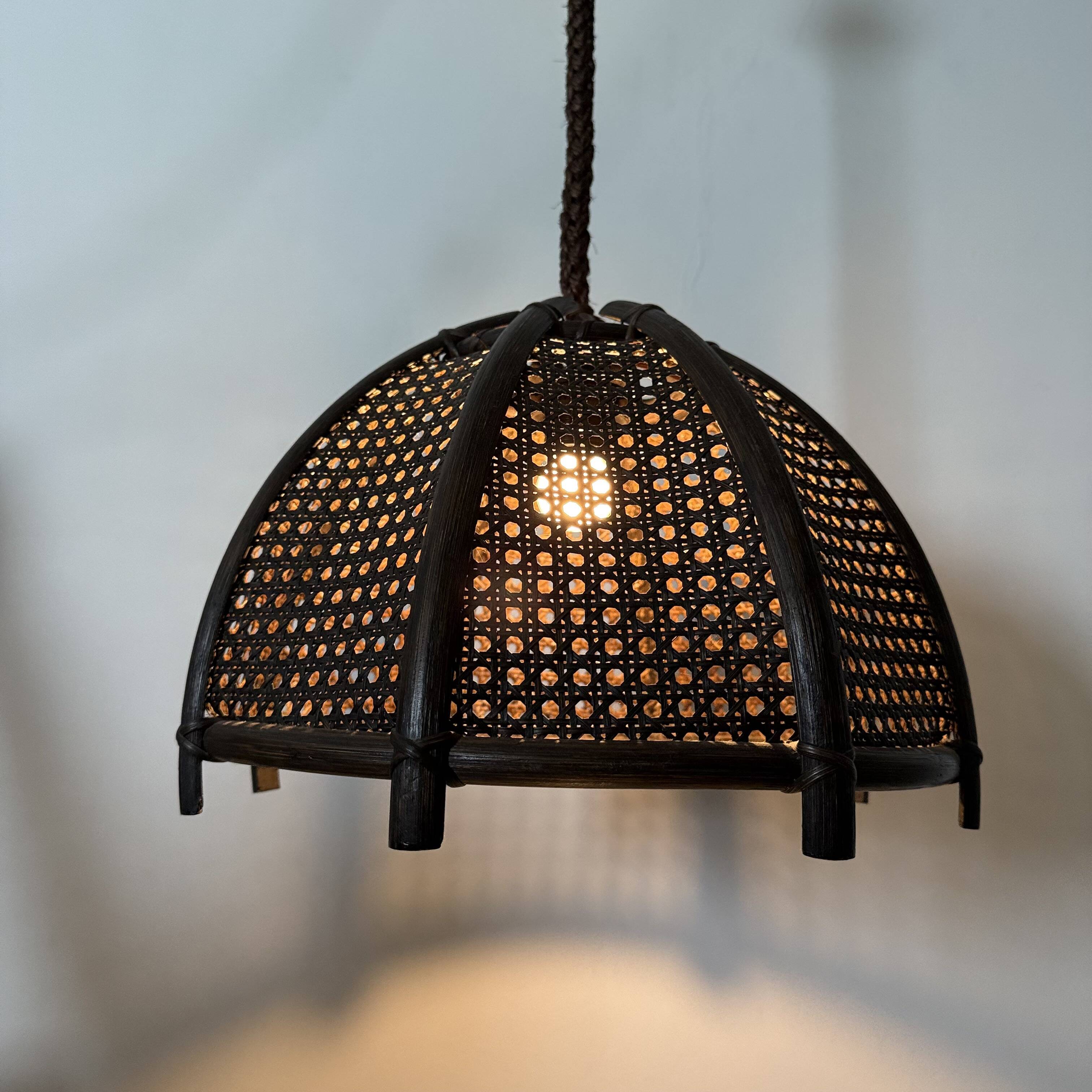 Vintage rattan and webbing hanging lamp 1970s retro