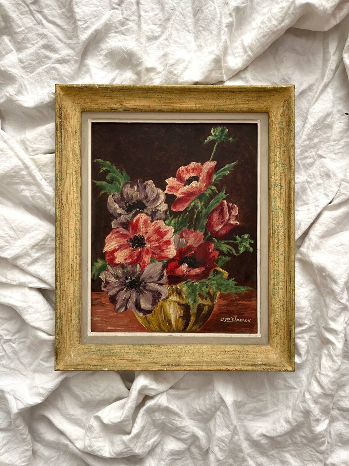 Antique painting, oil on cardboard, bouquet of anemones, signed
