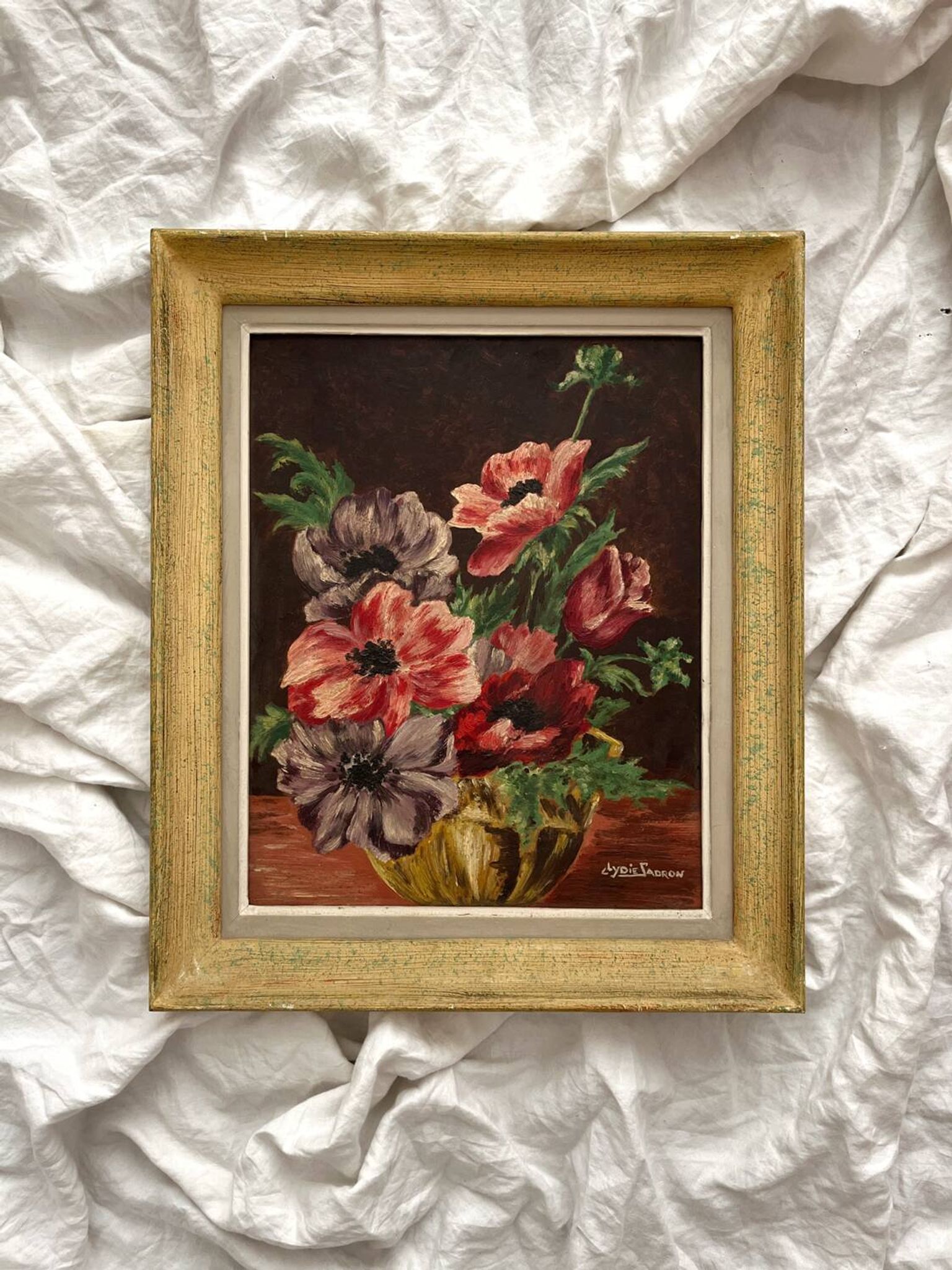 Antique painting, oil on cardboard, bouquet of anemones, signed