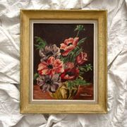 Antique painting, oil on cardboard, bouquet of anemones, signed