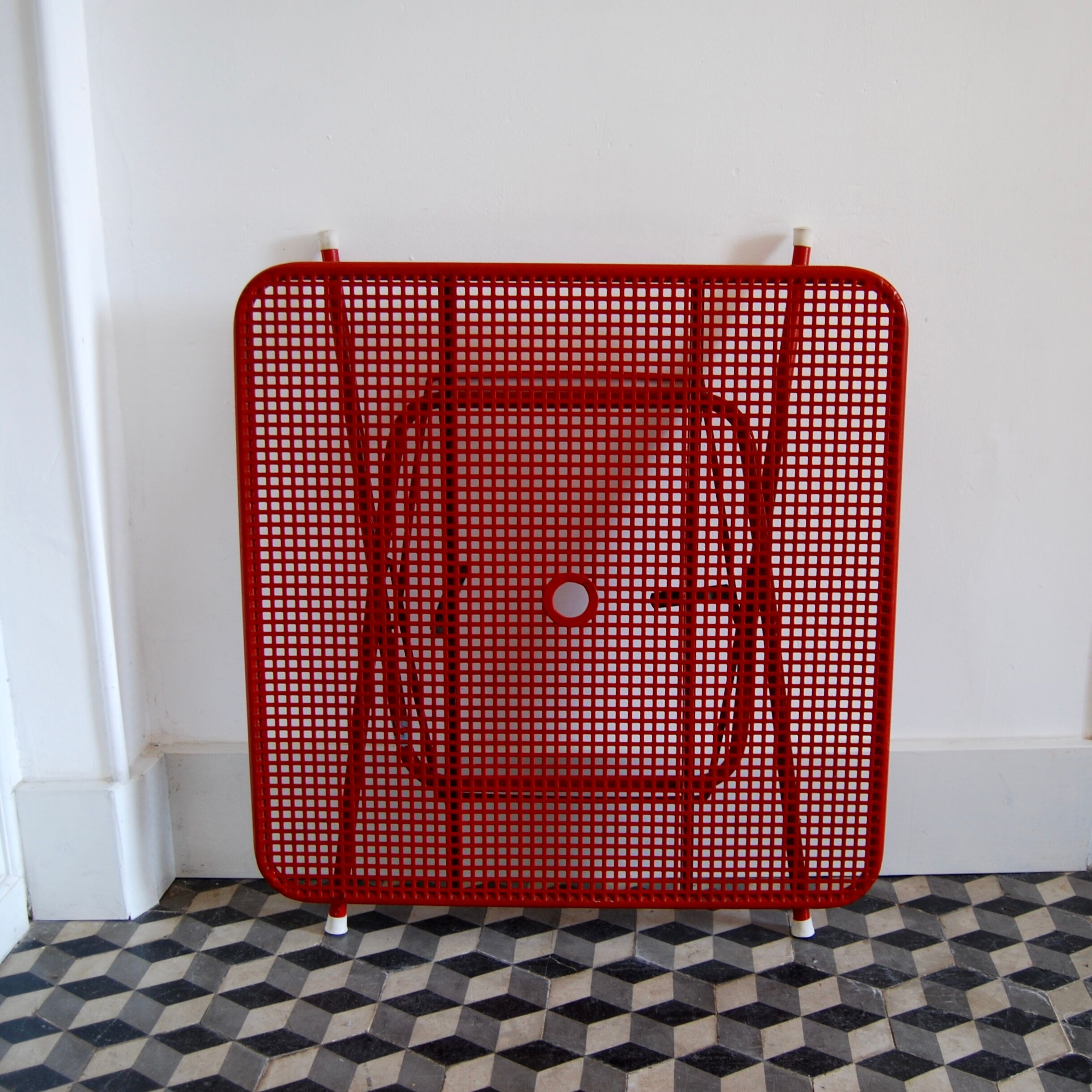 Red metal folding table Malaval type