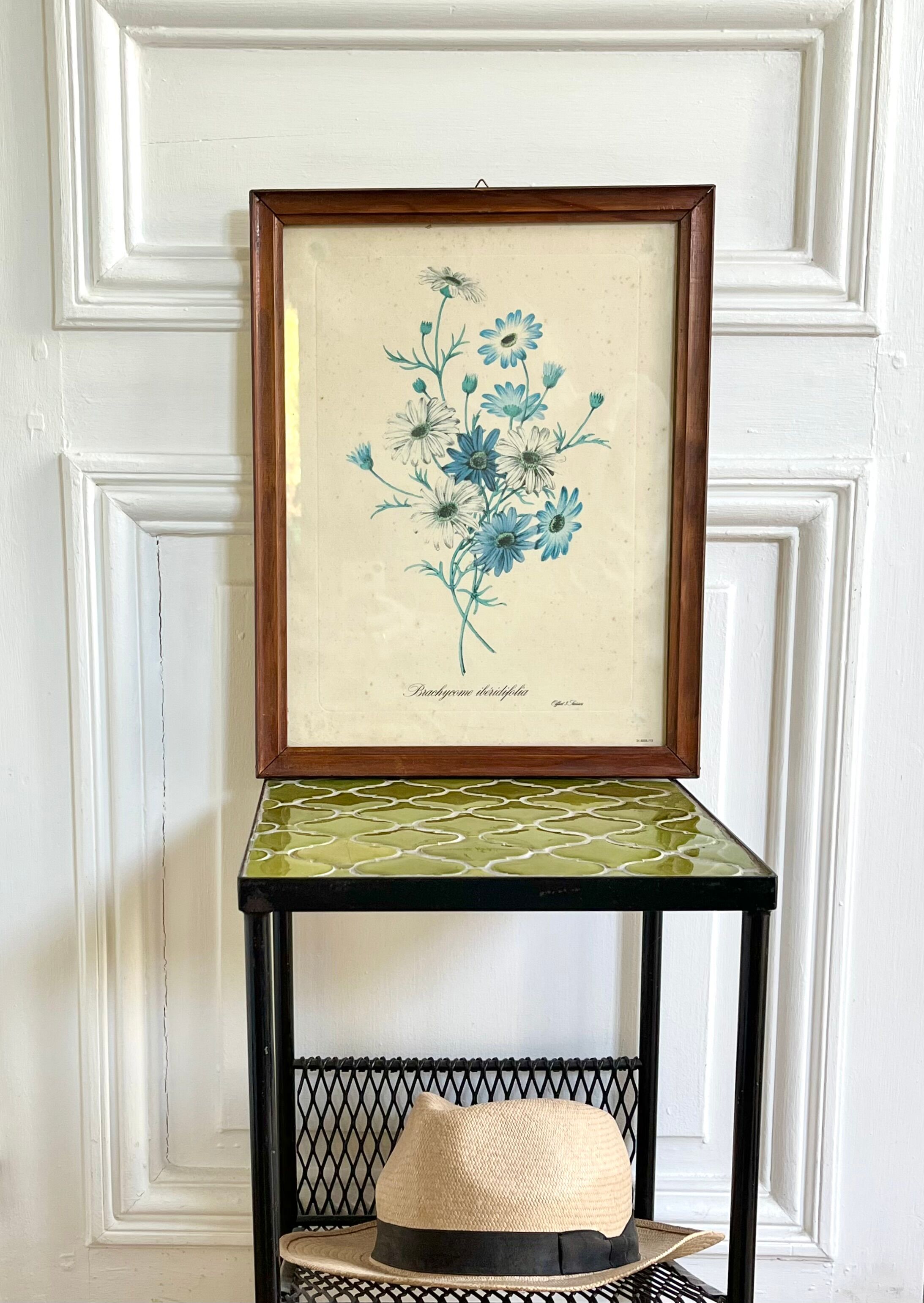 Vintage botanical board frame with blue flowers