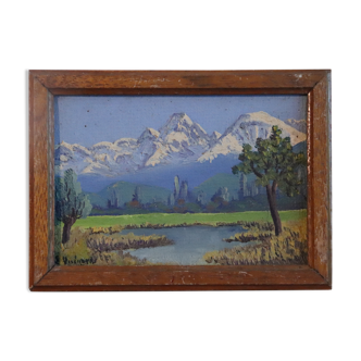 Old painting signed, lake, mountain landscape, Alps, island of love
