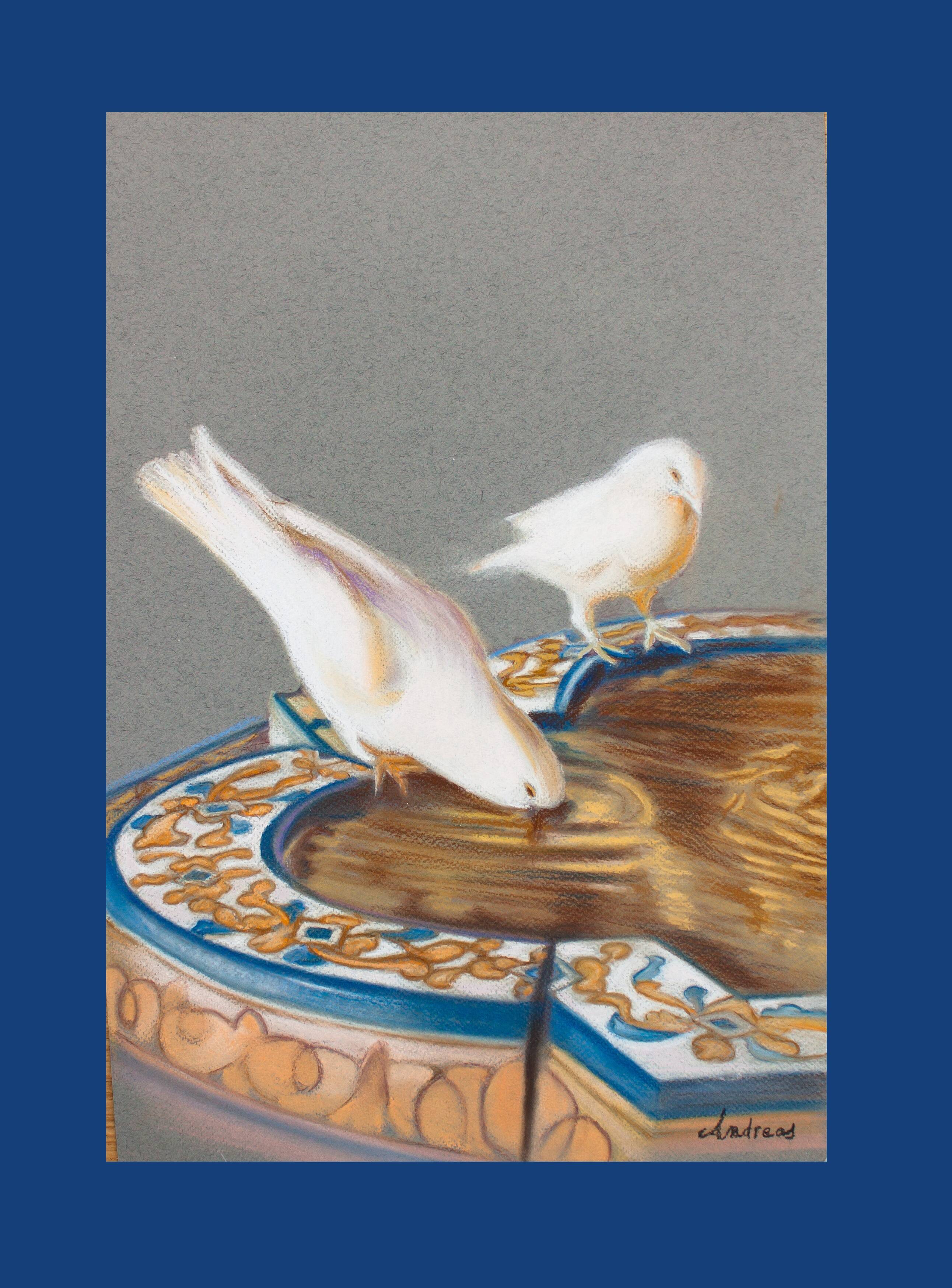 Drawing of pigeons drinking from a fountain. painting of doves. painting of pigeons.