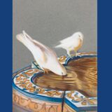 Drawing of pigeons drinking from a fountain. painting of doves. painting of pigeons.
