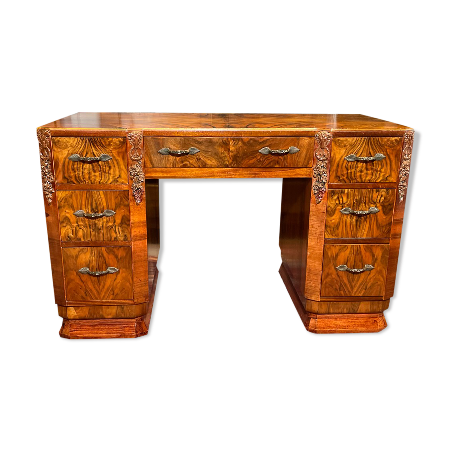 Art deco vintage brocante burr walnut desk carved 1920-1930