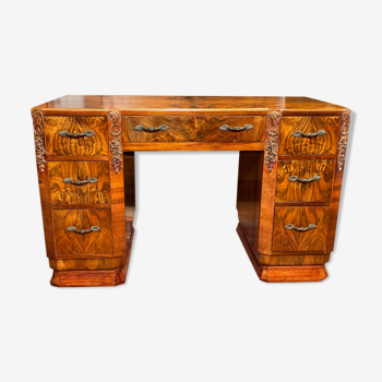 Art deco vintage brocante burr walnut desk carved 1920-1930