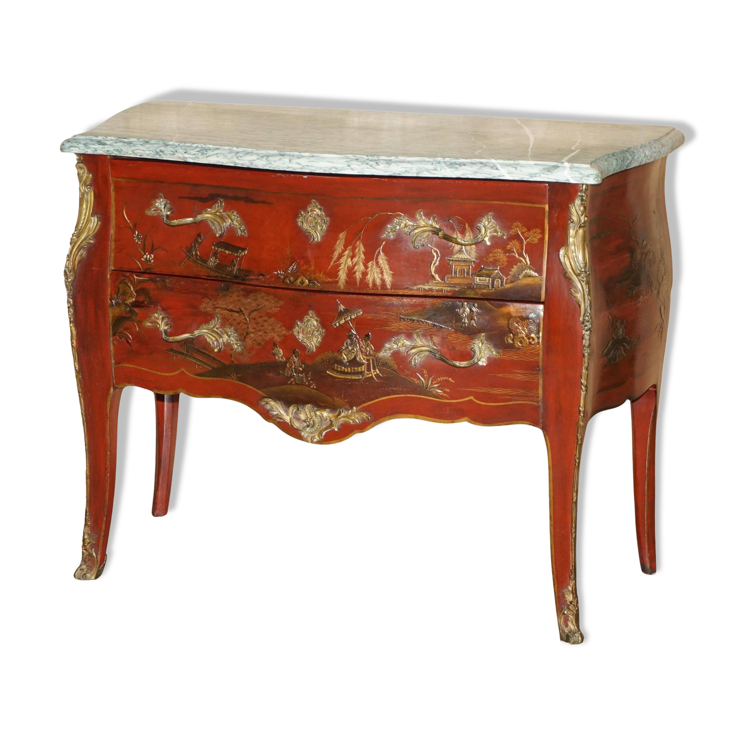 Chinoiserie Bombé Commode in Oak, Marble and Gilded Wood