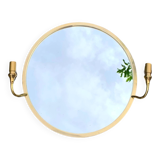 Grand miroir vintage rond en laiton doré avec deux appliques lumineuses - diamètre 50 cm