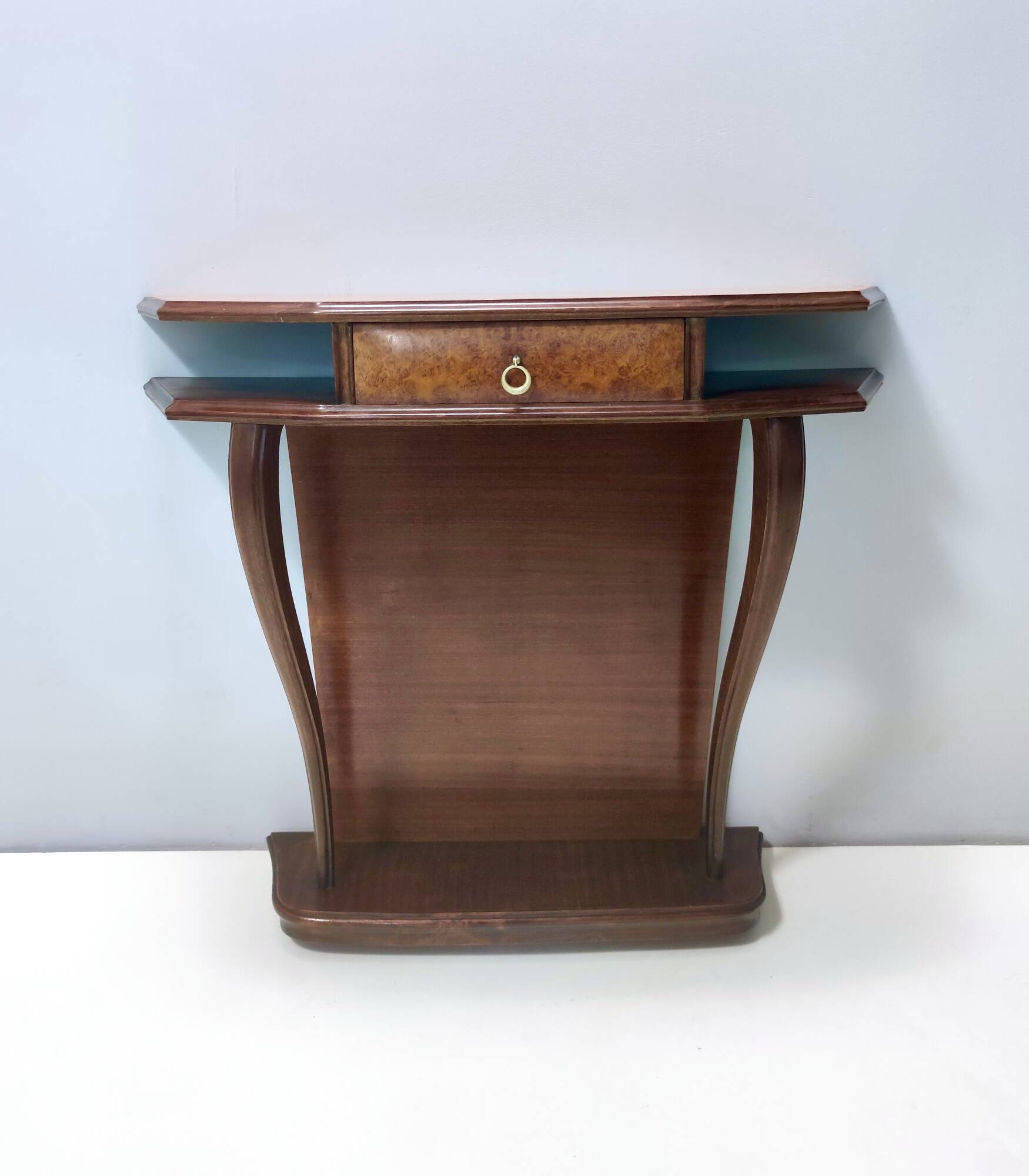 Beech and Walnut Root Console Table with an Orange Glass Top, Italy