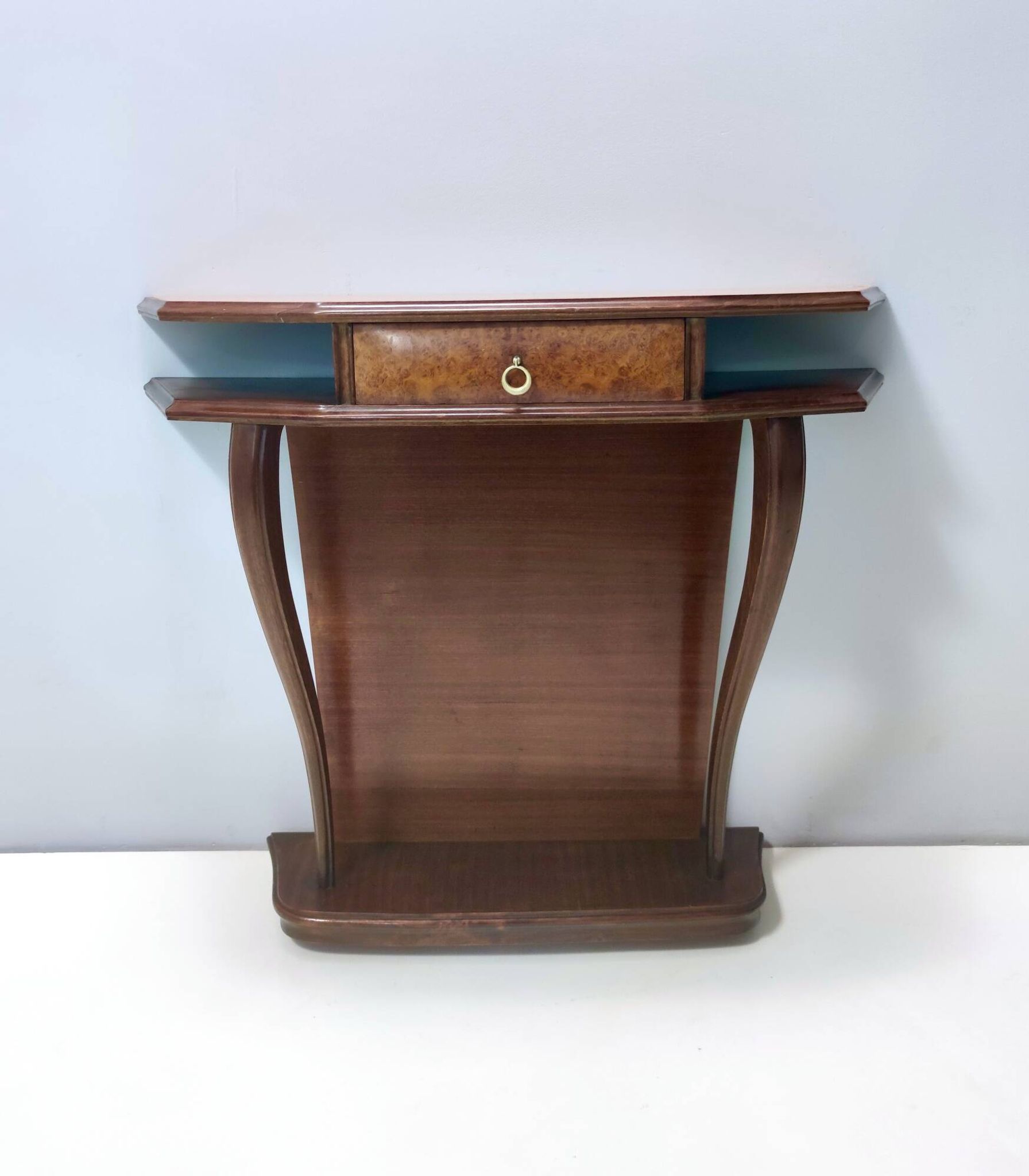 Beech and Walnut Root Console Table with an Orange Glass Top, Italy