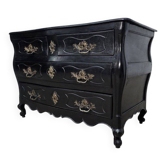 Belle commode galbée tombeau d'époque Louis XV laquée noir