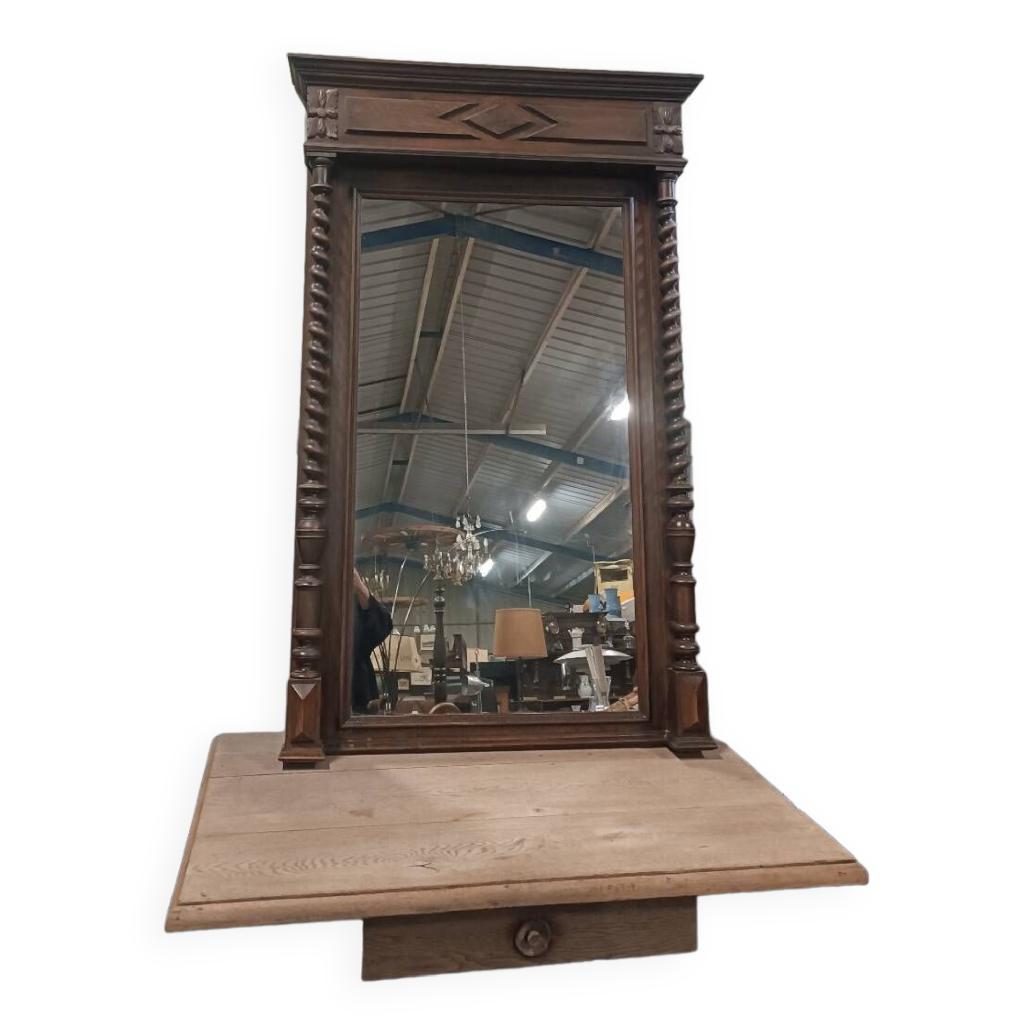 Miroir en chêne à colonnes torsadées