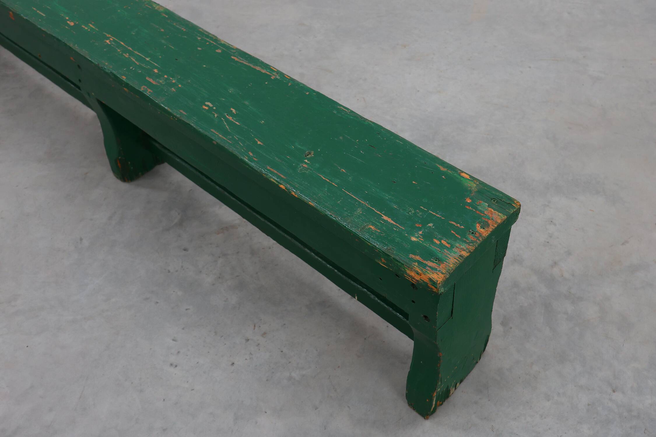 Rustic primitive green farmhouse bench in solid oak, France ca. 1900