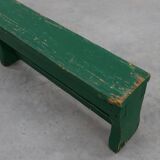 Rustic primitive green farmhouse bench in solid oak, France ca. 1900