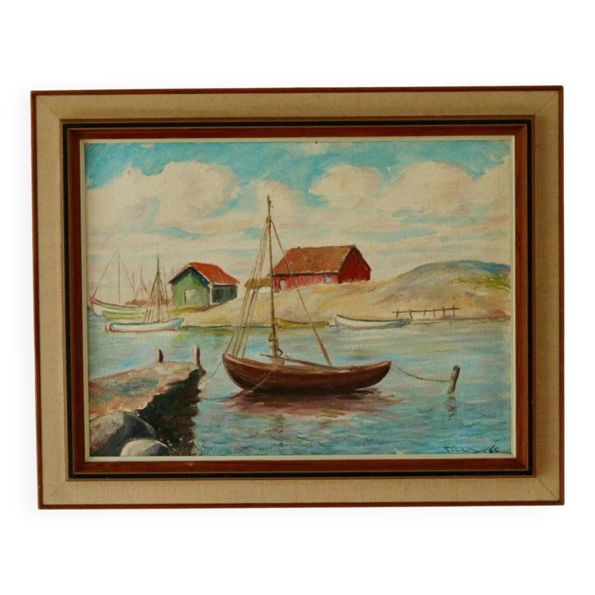 Peinture sur panneau vintage – « Motif bateau et maison »