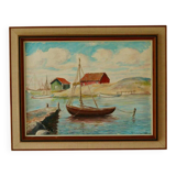 Peinture sur panneau vintage – « Motif bateau et maison »