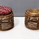 Pouf vintage en bambou par Castano recouvert de tissu cramoisi, Italie