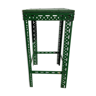 Green metal stool, pedestal table