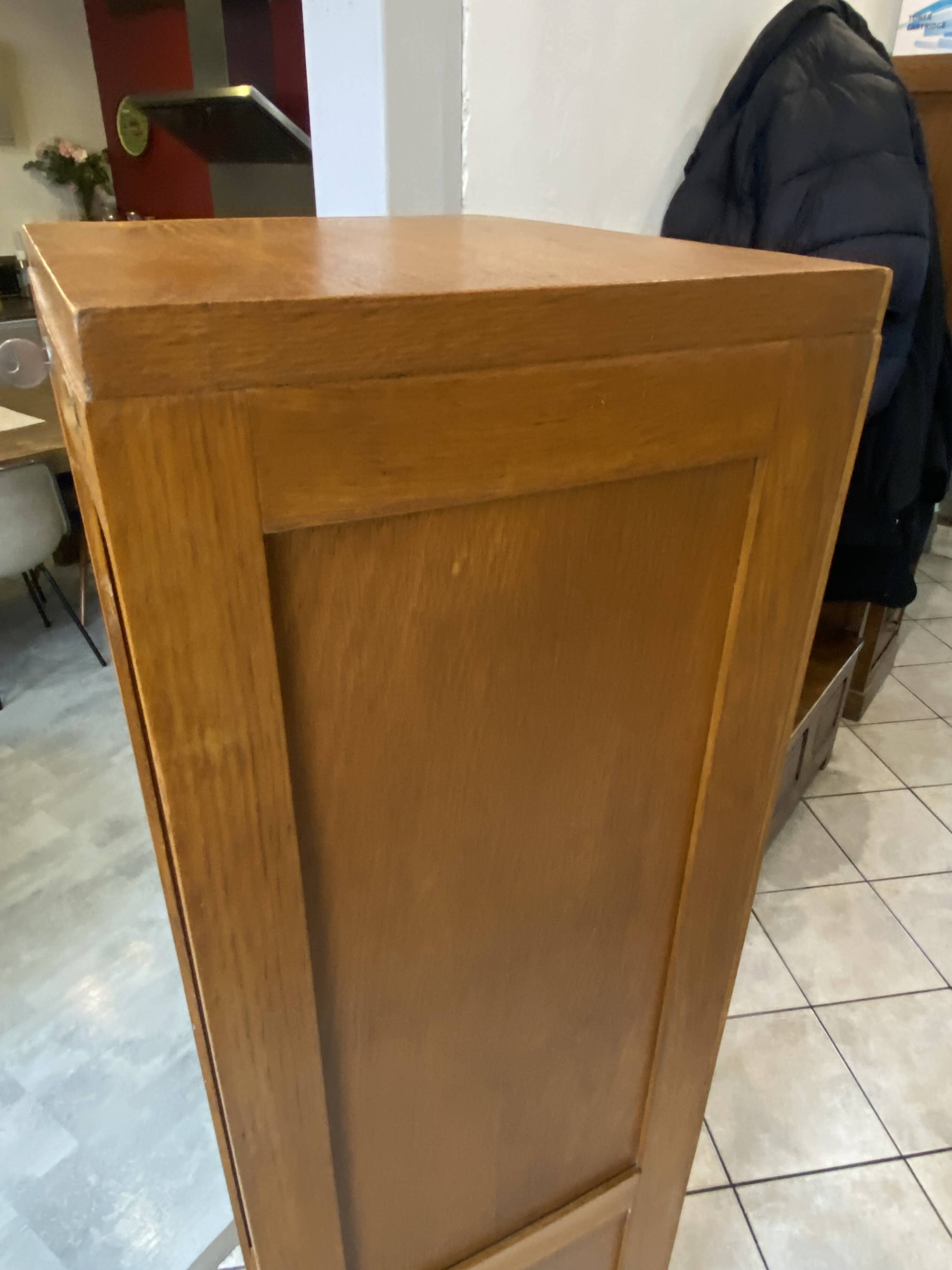 1950s oak office storage cabinet with curtains.