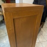 1950s oak office storage cabinet with curtains.