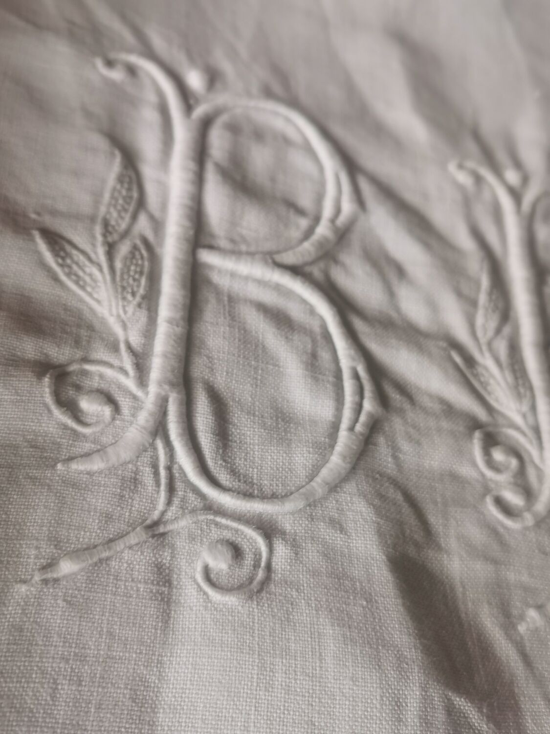 Old very large linen sheet monogrammed BF