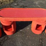 Vintage coral fabric dressing table set, 6 pieces (table, mirror, ottoman, bedside table)