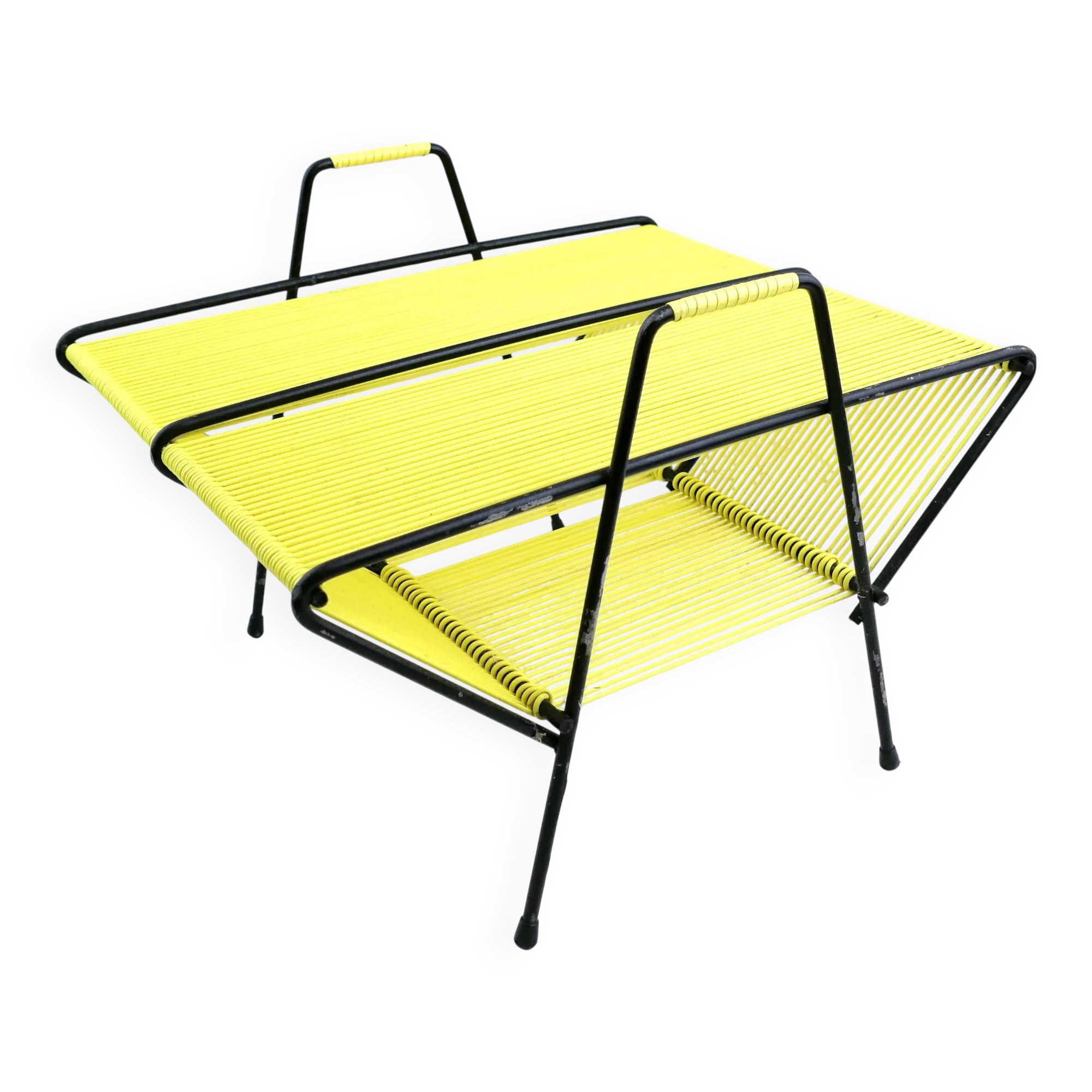 Porte-disques portable vintage, style français moderne du milieu du siècle, avec cordon en vinyle jaune vif, accessoire hi-fi rétro MCM pour le rangement, centre musical